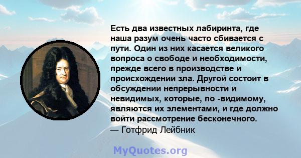 Есть два известных лабиринта, где наша разум очень часто сбивается с пути. Один из них касается великого вопроса о свободе и необходимости, прежде всего в производстве и происхождении зла. Другой состоит в обсуждении