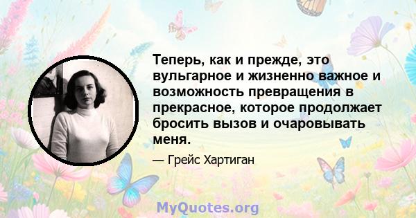 Теперь, как и прежде, это вульгарное и жизненно важное и возможность превращения в прекрасное, которое продолжает бросить вызов и очаровывать меня.