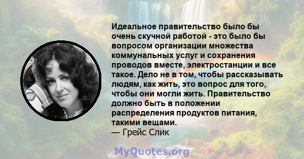 Идеальное правительство было бы очень скучной работой - это было бы вопросом организации множества коммунальных услуг и сохранения проводов вместе, электростанции и все такое. Дело не в том, чтобы рассказывать людям,