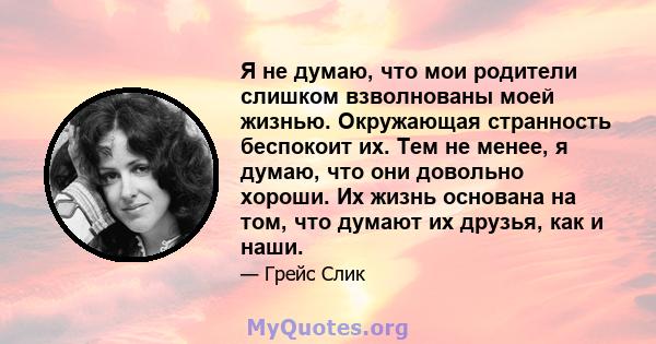 Я не думаю, что мои родители слишком взволнованы моей жизнью. Окружающая странность беспокоит их. Тем не менее, я думаю, что они довольно хороши. Их жизнь основана на том, что думают их друзья, как и наши.