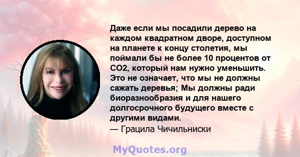 Даже если мы посадили дерево на каждом квадратном дворе, доступном на планете к концу столетия, мы поймали бы не более 10 процентов от CO2, который нам нужно уменьшить. Это не означает, что мы не должны сажать деревья;