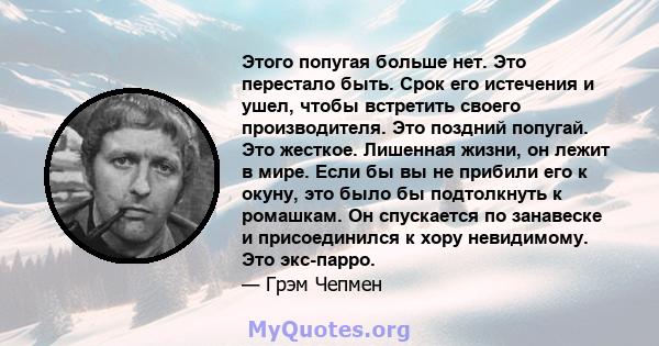 Этого попугая больше нет. Это перестало быть. Срок его истечения и ушел, чтобы встретить своего производителя. Это поздний попугай. Это жесткое. Лишенная жизни, он лежит в мире. Если бы вы не прибили его к окуну, это