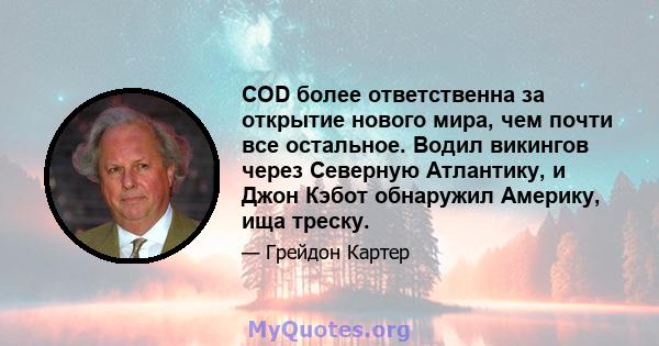 COD более ответственна за открытие нового мира, чем почти все остальное. Водил викингов через Северную Атлантику, и Джон Кэбот обнаружил Америку, ища треску.