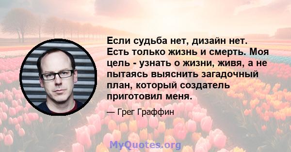 Если судьба нет, дизайн нет. Есть только жизнь и смерть. Моя цель - узнать о жизни, живя, а не пытаясь выяснить загадочный план, который создатель приготовил меня.