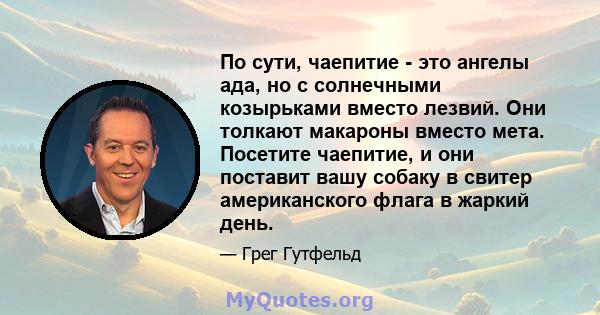 По сути, чаепитие - это ангелы ада, но с солнечными козырьками вместо лезвий. Они толкают макароны вместо мета. Посетите чаепитие, и они поставит вашу собаку в свитер американского флага в жаркий день.