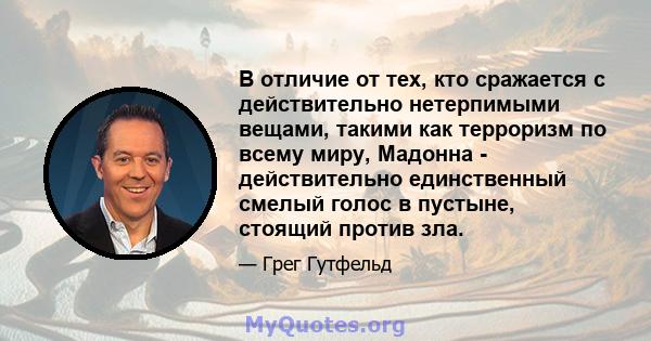 В отличие от тех, кто сражается с действительно нетерпимыми вещами, такими как терроризм по всему миру, Мадонна - действительно единственный смелый голос в пустыне, стоящий против зла.