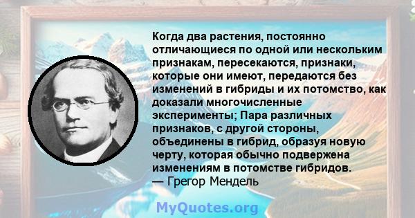 Когда два растения, постоянно отличающиеся по одной или нескольким признакам, пересекаются, признаки, которые они имеют, передаются без изменений в гибриды и их потомство, как доказали многочисленные эксперименты; Пара