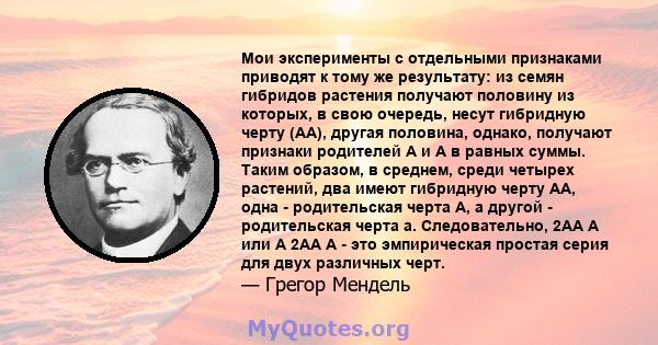 Мои эксперименты с отдельными признаками приводят к тому же результату: из семян гибридов растения получают половину из которых, в свою очередь, несут гибридную черту (AA), другая половина, однако, получают признаки