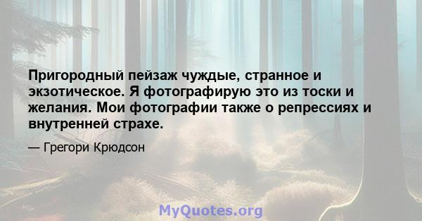 Пригородный пейзаж чуждые, странное и экзотическое. Я фотографирую это из тоски и желания. Мои фотографии также о репрессиях и внутренней страхе.