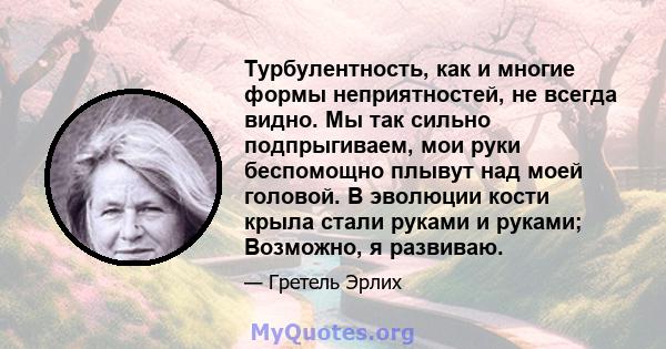 Турбулентность, как и многие формы неприятностей, не всегда видно. Мы так сильно подпрыгиваем, мои руки беспомощно плывут над моей головой. В эволюции кости крыла стали руками и руками; Возможно, я развиваю.