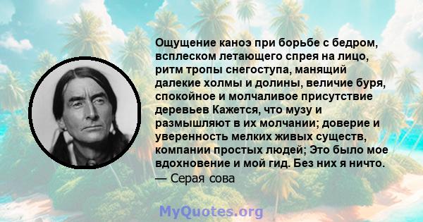 Ощущение каноэ при борьбе с бедром, всплеском летающего спрея на лицо, ритм тропы снегоступа, манящий далекие холмы и долины, величие буря, спокойное и молчаливое присутствие деревьев Кажется, что музу и размышляют в их 