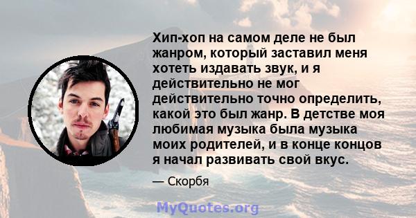 Хип-хоп на самом деле не был жанром, который заставил меня хотеть издавать звук, и я действительно не мог действительно точно определить, какой это был жанр. В детстве моя любимая музыка была музыка моих родителей, и в