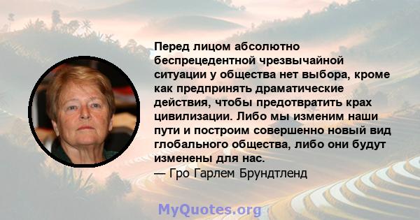 Перед лицом абсолютно беспрецедентной чрезвычайной ситуации у общества нет выбора, кроме как предпринять драматические действия, чтобы предотвратить крах цивилизации. Либо мы изменим наши пути и построим совершенно