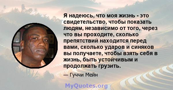 Я надеюсь, что моя жизнь - это свидетельство, чтобы показать людям, независимо от того, через что вы проходите, сколько препятствий находится перед вами, сколько ударов и синяков вы получаете, чтобы взять себя в жизнь,