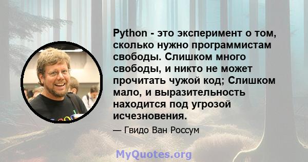 Python - это эксперимент о том, сколько нужно программистам свободы. Слишком много свободы, и никто не может прочитать чужой код; Слишком мало, и выразительность находится под угрозой исчезновения.