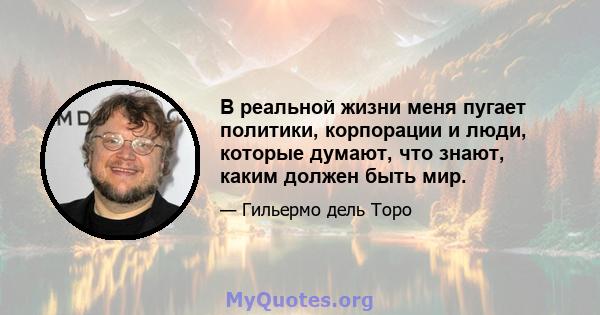 В реальной жизни меня пугает политики, корпорации и люди, которые думают, что знают, каким должен быть мир.