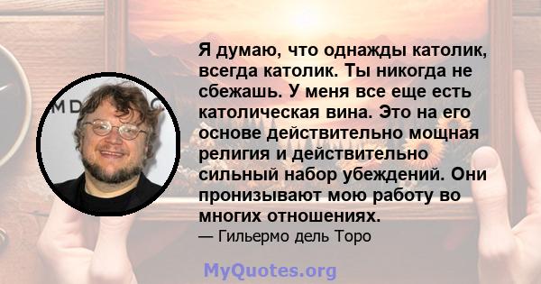 Я думаю, что однажды католик, всегда католик. Ты никогда не сбежашь. У меня все еще есть католическая вина. Это на его основе действительно мощная религия и действительно сильный набор убеждений. Они пронизывают мою