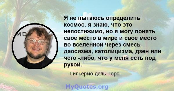 Я не пытаюсь определить космос, я знаю, что это непостижимо, но я могу понять свое место в мире и свое место во вселенной через смесь даосизма, католицизма, дзен или чего -либо, что у меня есть под рукой.