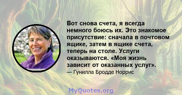 Вот снова счета, я всегда немного боюсь их. Это знакомое присутствие: сначала в почтовом ящике, затем в ящике счета, теперь на столе. Услуги оказываются. «Моя жизнь зависит от оказанных услуг».