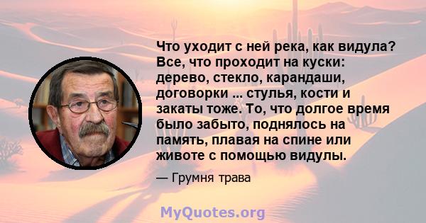 Что уходит с ней река, как видула? Все, что проходит на куски: дерево, стекло, карандаши, договорки ... стулья, кости и закаты тоже. То, что долгое время было забыто, поднялось на память, плавая на спине или животе с