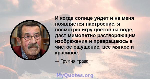 И когда солнце уйдет и на меня появляется настроение, я посмотрю игру цветов на воде, даст мимолетно растворяющим изображения и превращаюсь в чистое ощущение, все мягкое и красивое.