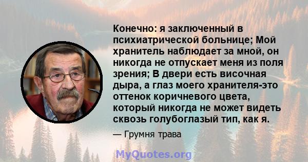 Конечно: я заключенный в психиатрической больнице; Мой хранитель наблюдает за мной, он никогда не отпускает меня из поля зрения; В двери есть височная дыра, а глаз моего хранителя-это оттенок коричневого цвета, который