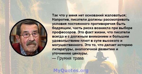 Так что у меня нет оснований жаловаться; Напротив, писатели должны рассматривать условия постоянного противоречия быть бодрящим, часть риска возникла при выборе профессоров. Это факт жизни, что писатели всегда и с