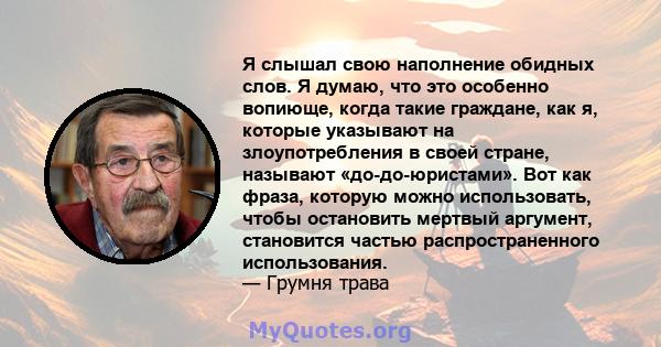 Я слышал свою наполнение обидных слов. Я думаю, что это особенно вопиюще, когда такие граждане, как я, которые указывают на злоупотребления в своей стране, называют «до-до-юристами». Вот как фраза, которую можно