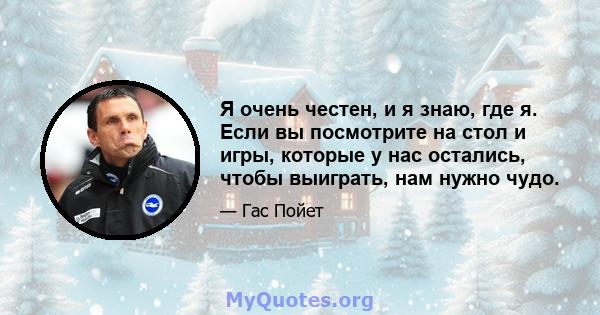 Я очень честен, и я знаю, где я. Если вы посмотрите на стол и игры, которые у нас остались, чтобы выиграть, нам нужно чудо.