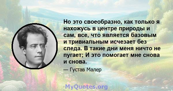 Но это своеобразно, как только я нахожусь в центре природы и сам, все, что является базовым и тривиальным исчезает без следа. В такие дни меня ничто не пугает; И это помогает мне снова и снова.