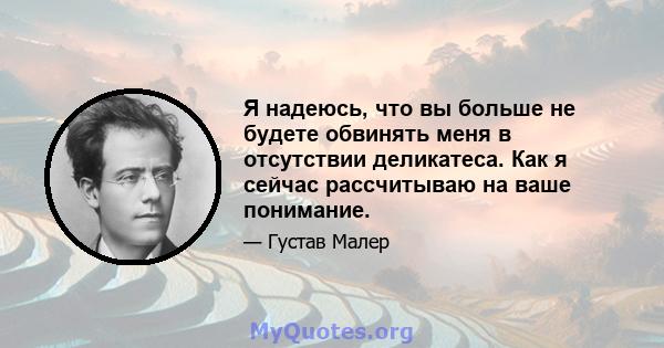 Я надеюсь, что вы больше не будете обвинять меня в отсутствии деликатеса. Как я сейчас рассчитываю на ваше понимание.