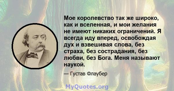 Мое королевство так же широко, как и вселенная, и мои желания не имеют никаких ограничений. Я всегда иду вперед, освобождая дух и взвешивая слова, без страха, без сострадания, без любви, без Бога. Меня называют наукой.