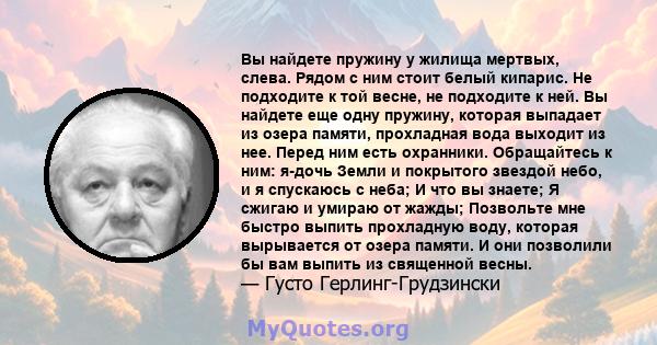 Вы найдете пружину у жилища мертвых, слева. Рядом с ним стоит белый кипарис. Не подходите к той весне, не подходите к ней. Вы найдете еще одну пружину, которая выпадает из озера памяти, прохладная вода выходит из нее.