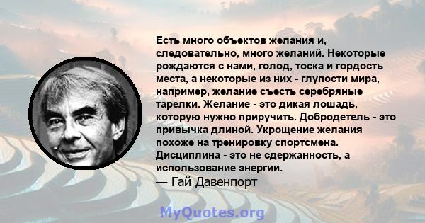 Есть много объектов желания и, следовательно, много желаний. Некоторые рождаются с нами, голод, тоска и гордость места, а некоторые из них - глупости мира, например, желание съесть серебряные тарелки. Желание - это