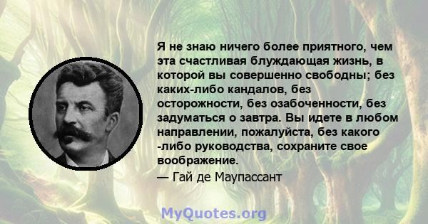 Я не знаю ничего более приятного, чем эта счастливая блуждающая жизнь, в которой вы совершенно свободны; без каких-либо кандалов, без осторожности, без озабоченности, без задуматься о завтра. Вы идете в любом