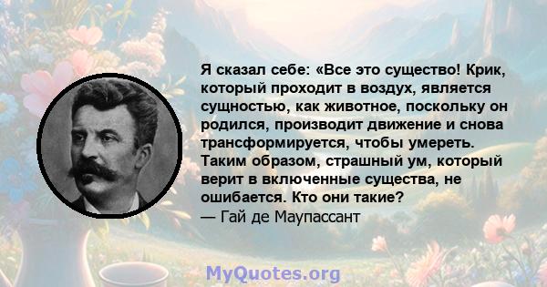 Я сказал себе: «Все это существо! Крик, который проходит в воздух, является сущностью, как животное, поскольку он родился, производит движение и снова трансформируется, чтобы умереть. Таким образом, страшный ум, который 