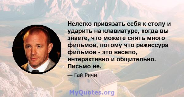 Нелегко привязать себя к столу и ударить на клавиатуре, когда вы знаете, что можете снять много фильмов, потому что режиссура фильмов - это весело, интерактивно и общительно. Письмо не.