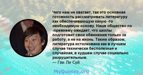 Чего нам не хватает, так это основная готовность рассматривать литературу как обеспечивающую какую -то необходимую основу. Наше общество по -прежнему ожидает, что школы подготовит свои обвинения только за работу, а не