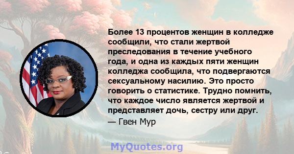 Более 13 процентов женщин в колледже сообщили, что стали жертвой преследования в течение учебного года, и одна из каждых пяти женщин колледжа сообщила, что подвергаются сексуальному насилию. Это просто говорить о