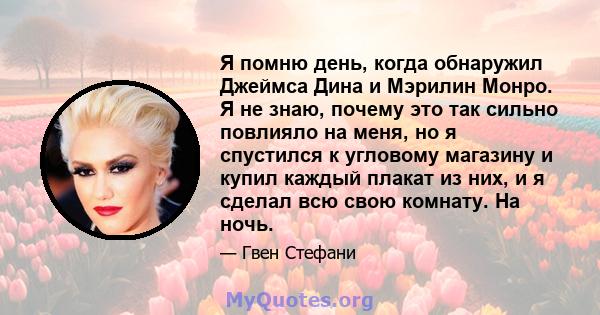 Я помню день, когда обнаружил Джеймса Дина и Мэрилин Монро. Я не знаю, почему это так сильно повлияло на меня, но я спустился к угловому магазину и купил каждый плакат из них, и я сделал всю свою комнату. На ночь.