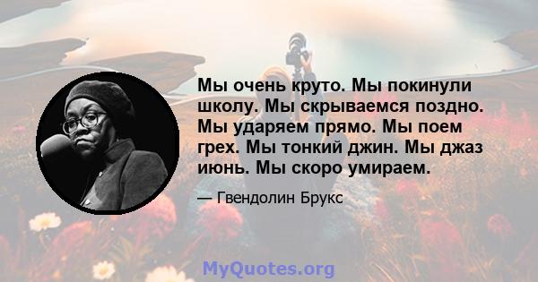 Мы очень круто. Мы покинули школу. Мы скрываемся поздно. Мы ударяем прямо. Мы поем грех. Мы тонкий джин. Мы джаз июнь. Мы скоро умираем.