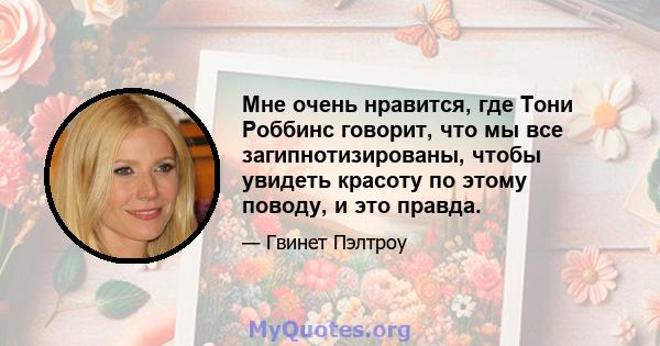 Мне очень нравится, где Тони Роббинс говорит, что мы все загипнотизированы, чтобы увидеть красоту по этому поводу, и это правда.