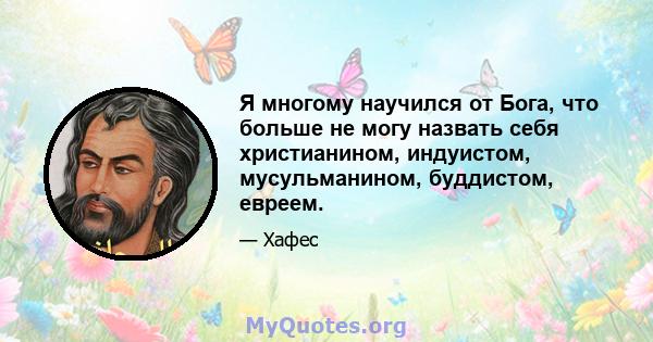 Я многому научился от Бога, что больше не могу назвать себя христианином, индуистом, мусульманином, буддистом, евреем. Истина так много поделилась со мной, что я больше не могу назвать себя мужчиной, женщиной, ангелом