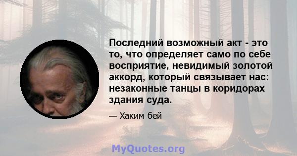 Последний возможный акт - это то, что определяет само по себе восприятие, невидимый золотой аккорд, который связывает нас: незаконные танцы в коридорах здания суда.