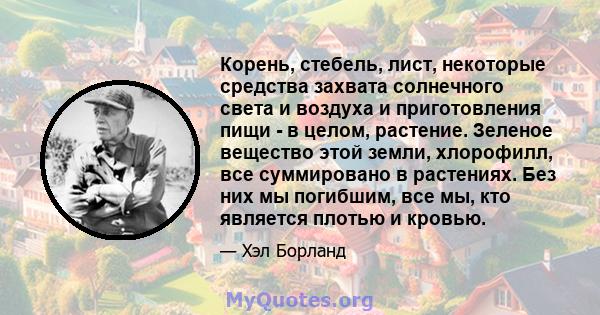 Корень, стебель, лист, некоторые средства захвата солнечного света и воздуха и приготовления пищи - в целом, растение. Зеленое вещество этой земли, хлорофилл, все суммировано в растениях. Без них мы погибшим, все мы,