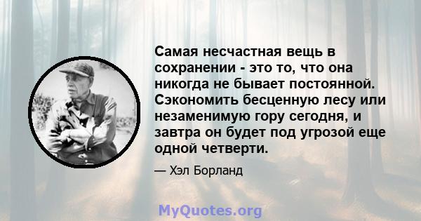 Самая несчастная вещь в сохранении - это то, что она никогда не бывает постоянной. Сэкономить бесценную лесу или незаменимую гору сегодня, и завтра он будет под угрозой еще одной четверти.