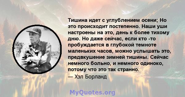 Тишина идет с углублением осени; Но это происходит постепенно. Наши уши настроены на это, день к более тихому дню. Но даже сейчас, если кто -то пробуждается в глубокой темноте маленьких часов, можно услышать это,