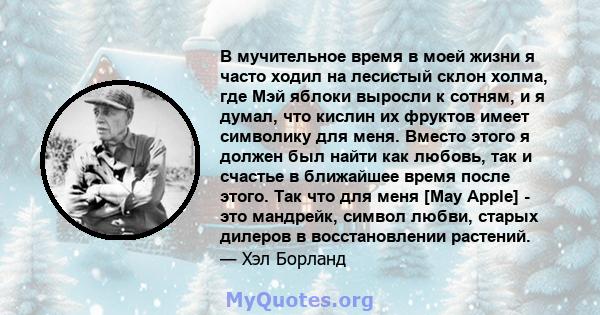 В мучительное время в моей жизни я часто ходил на лесистый склон холма, где Мэй яблоки выросли к сотням, и я думал, что кислин их фруктов имеет символику для меня. Вместо этого я должен был найти как любовь, так и