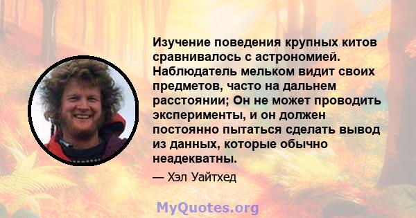 Изучение поведения крупных китов сравнивалось с астрономией. Наблюдатель мельком видит своих предметов, часто на дальнем расстоянии; Он не может проводить эксперименты, и он должен постоянно пытаться сделать вывод из