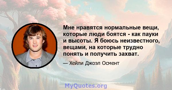 Мне нравятся нормальные вещи, которые люди боятся - как пауки и высоты. Я боюсь неизвестного, вещами, на которые трудно понять и получить захват.